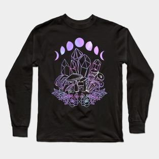 Witchy Long Sleeve T-Shirt - Moon Phases Crystals Mushrooms Succulents Witchy by srojas26